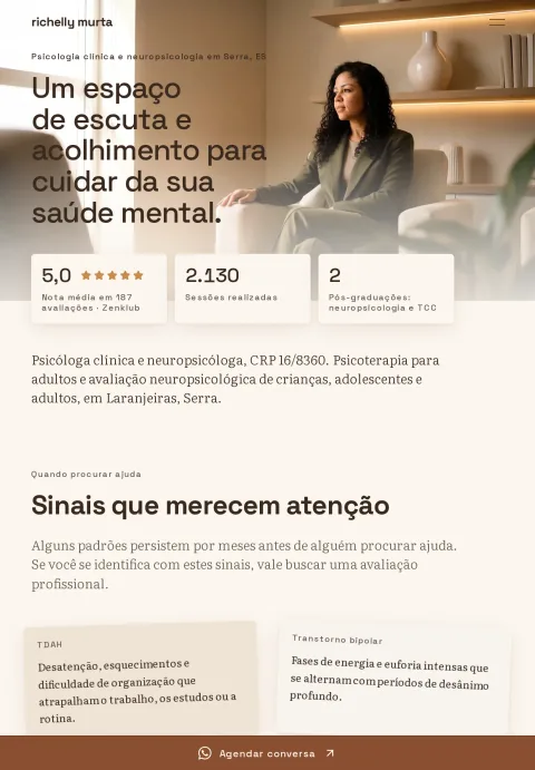 Site de Richelly Murta, psicóloga e neuropsicóloga em Serra, ES — versão tablet